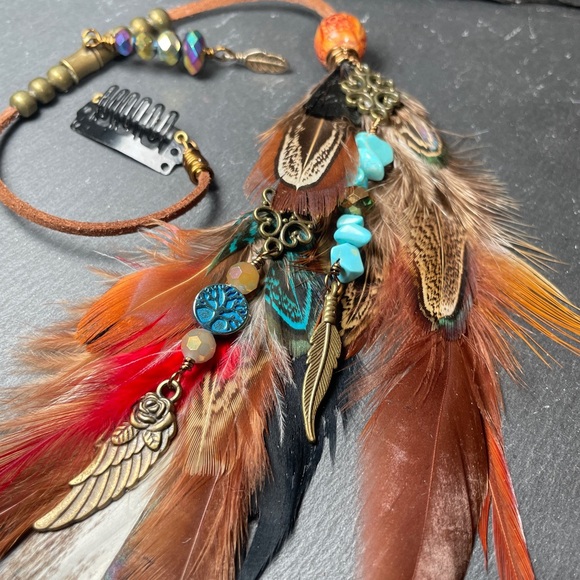 Artisan Designed Bohemian Feather Hair Clip with Beads - Picture 3 of 10